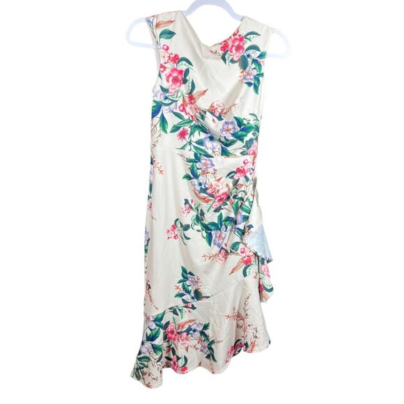 NWT Eliza J Floral Cream Pink Green Ruffled Asymmetric-Hem Sheath Dress 0 - Picture 2 of 16
